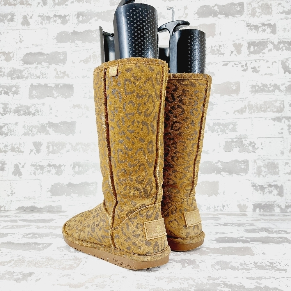 BearPaw Brown Tan Leather Leopard Print Slip On Winter Casual Boots T30 - Picture 4 of 11